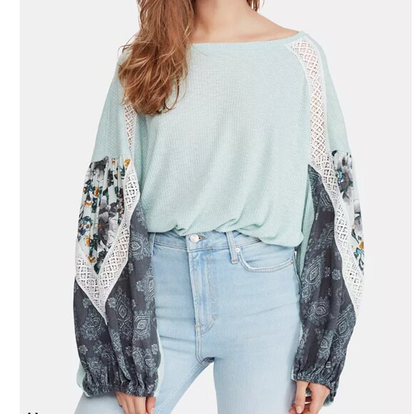 Free People Casual Clash Top, Blue and floral Blouse with Lace Detail - Picture 1 of 12